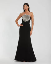 Strapless Crepe Trumpet Gown with 3D Rhinestone Flower