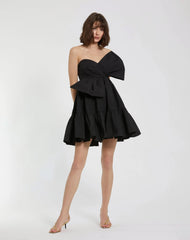 Black Faille Strapless Twist Bow Mini Dress