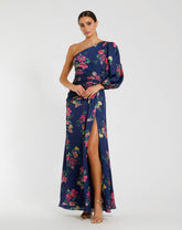 Navy One Sleeve Floral Print Charmeuse Gown With Slit