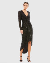 Black Sequined High Low Front Twist Midi Dress