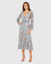 Gray Long Cuff Sleeve Embellished Midi Dress