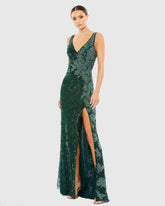 Green Beaded Floral Sleeveless Gown