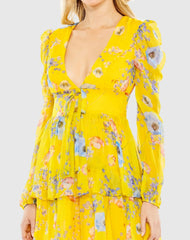 Yellow Floral Print Puff Sleeve Ruffled Mini Dress