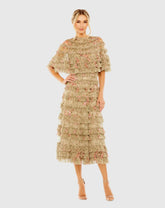 Green Floral Ruffle Midi Dress With Shawl