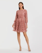 Pink Ruffle Lace Up Back Long Sleeve Mini Dress
