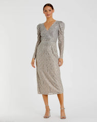 Gray Beaded Lace Long Sleeve Midi Dress