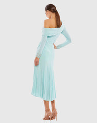 Blue Foldover Long Sleeve Jeweled Midi Dress