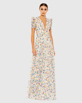 Pink Floral Print V Neck Puff Sleeve Flowy Gown