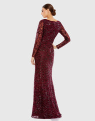 Red Long Sleeve Ruched Sequined V-Neck Gown