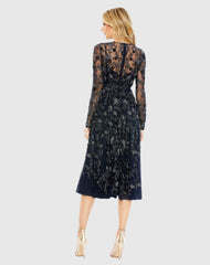 Navy Beaded Illusion High Neck Long Sleeve A Line Dress