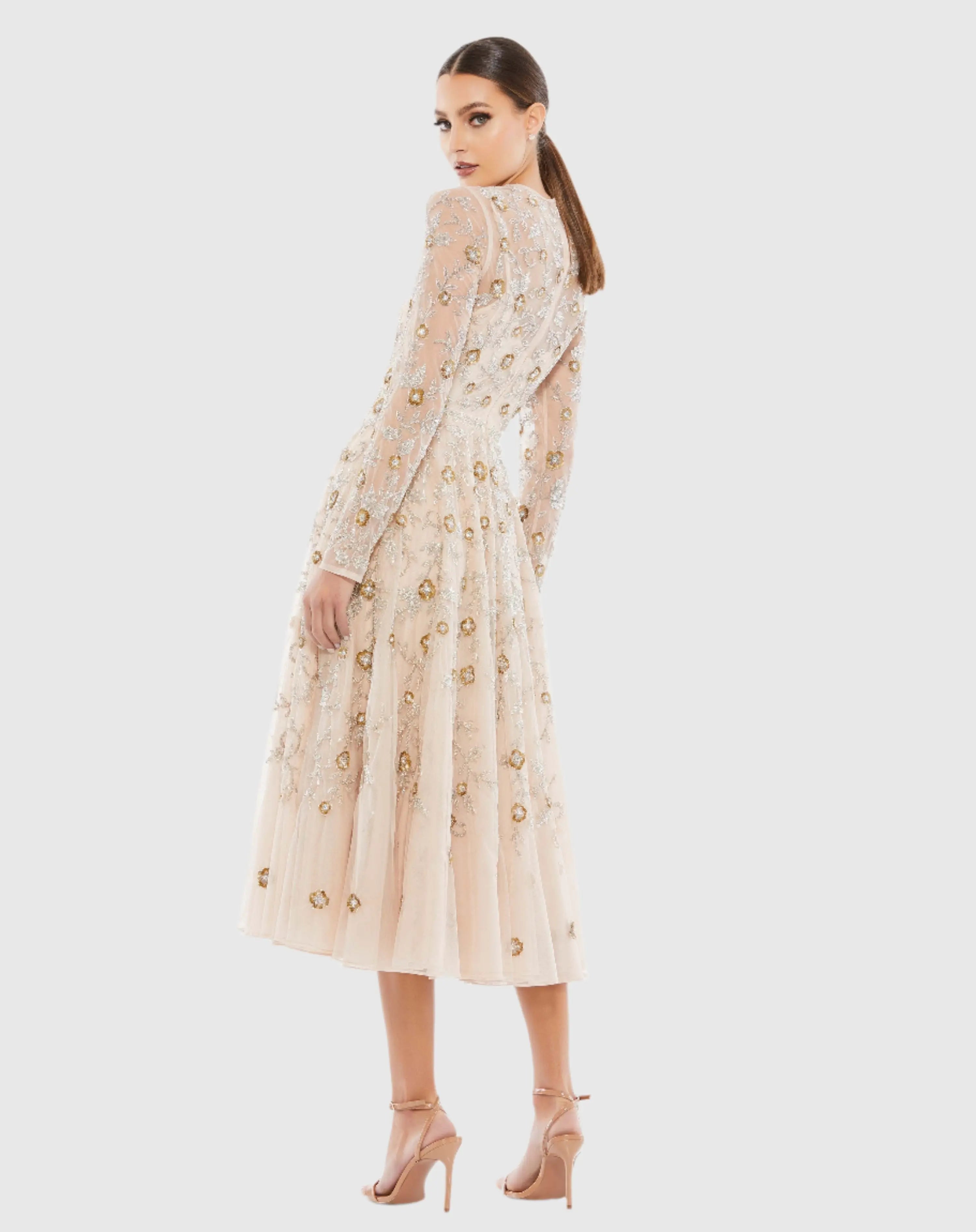 Beige Beaded Illusion High Neck Long Sleeve A Line Dress