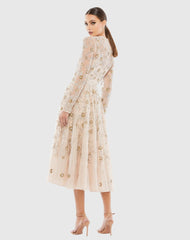Beige Beaded Illusion High Neck Long Sleeve A Line Dress