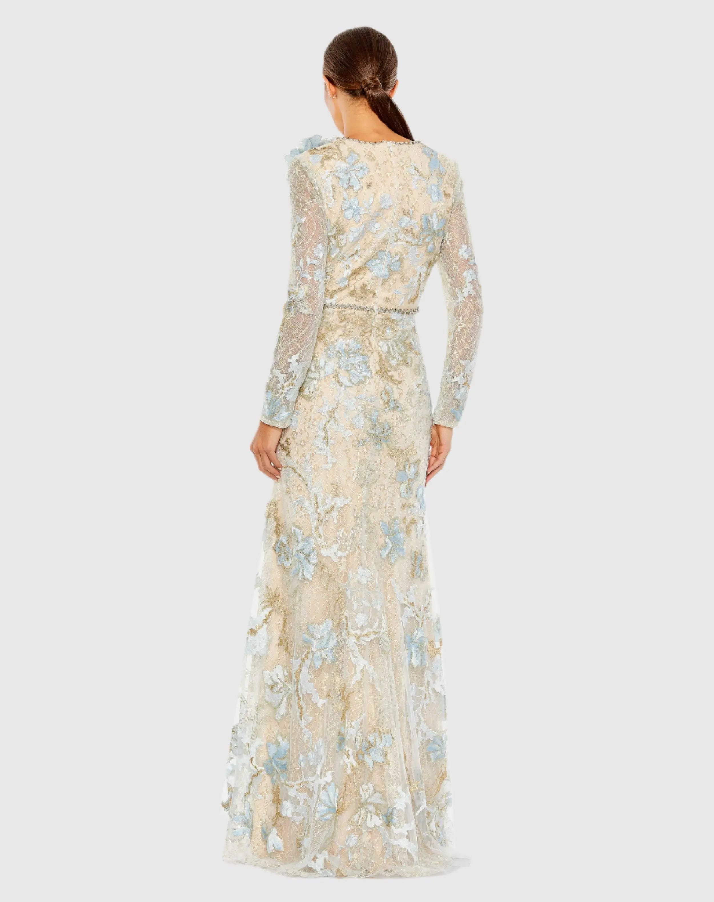 Blue and Beige Floral Embroidered Lace Trumpet Gown