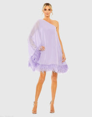 Purple One Shoulder Trapeze Dress with Feather Trim