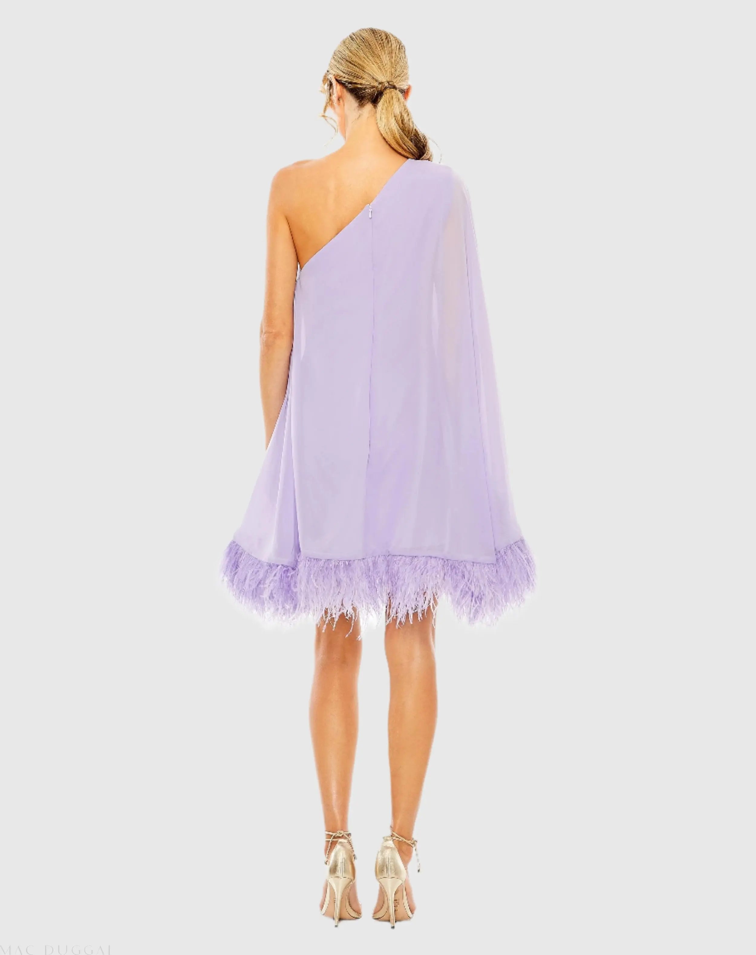 Purple One Shoulder Trapeze Dress with Feather Trim