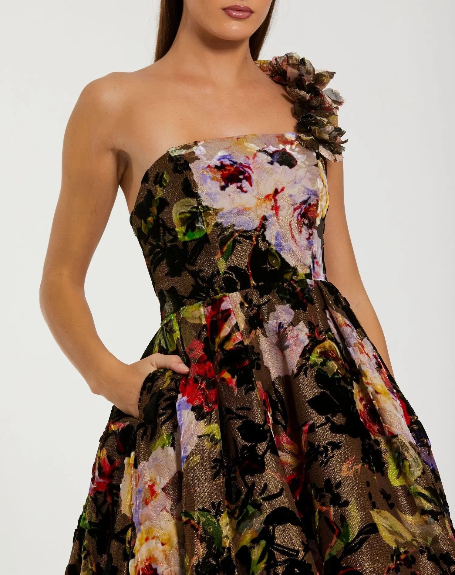 Multicolor One Shoulder Floral Velvet Ballgown