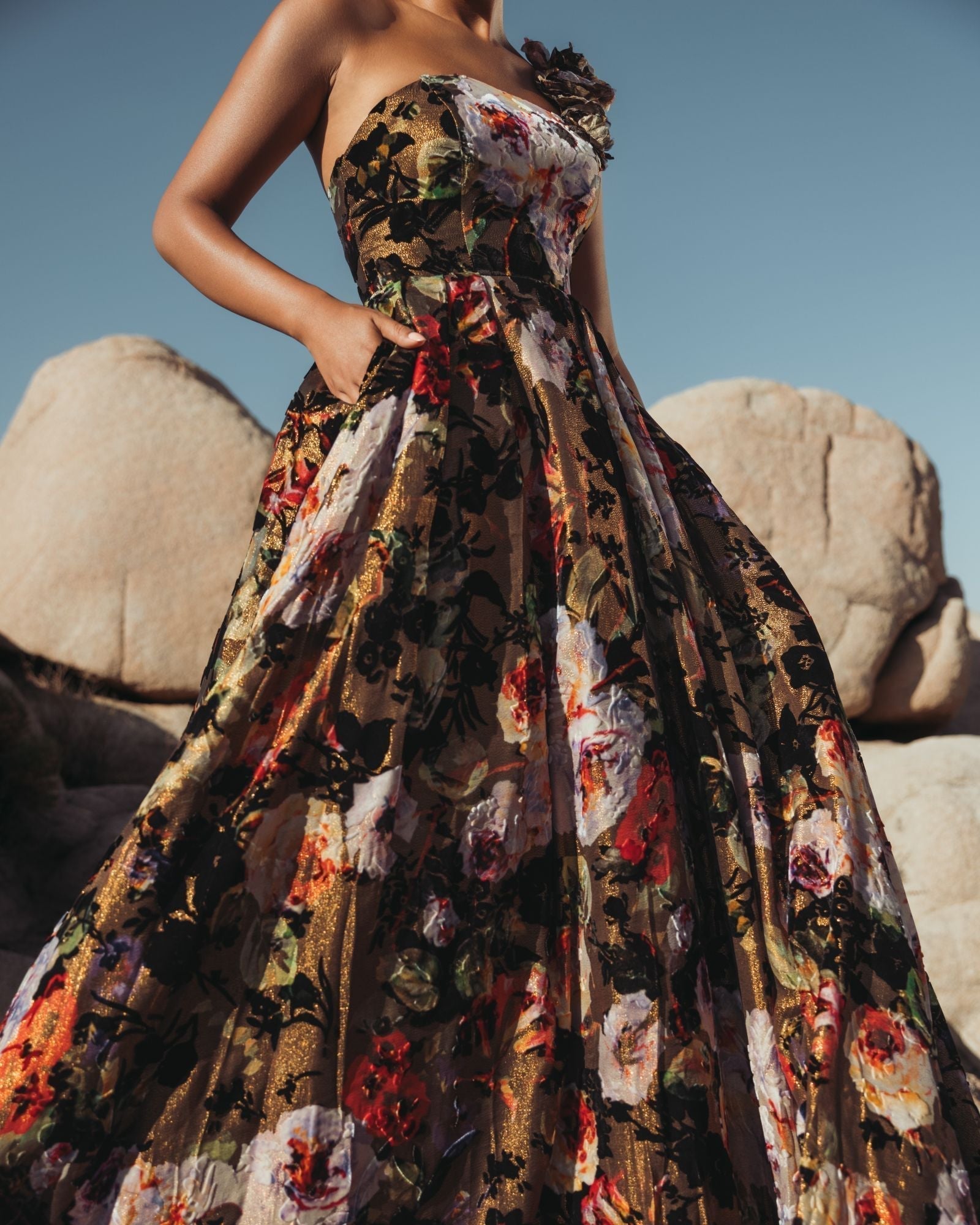 Multicolor One Shoulder Floral Velvet Ballgown