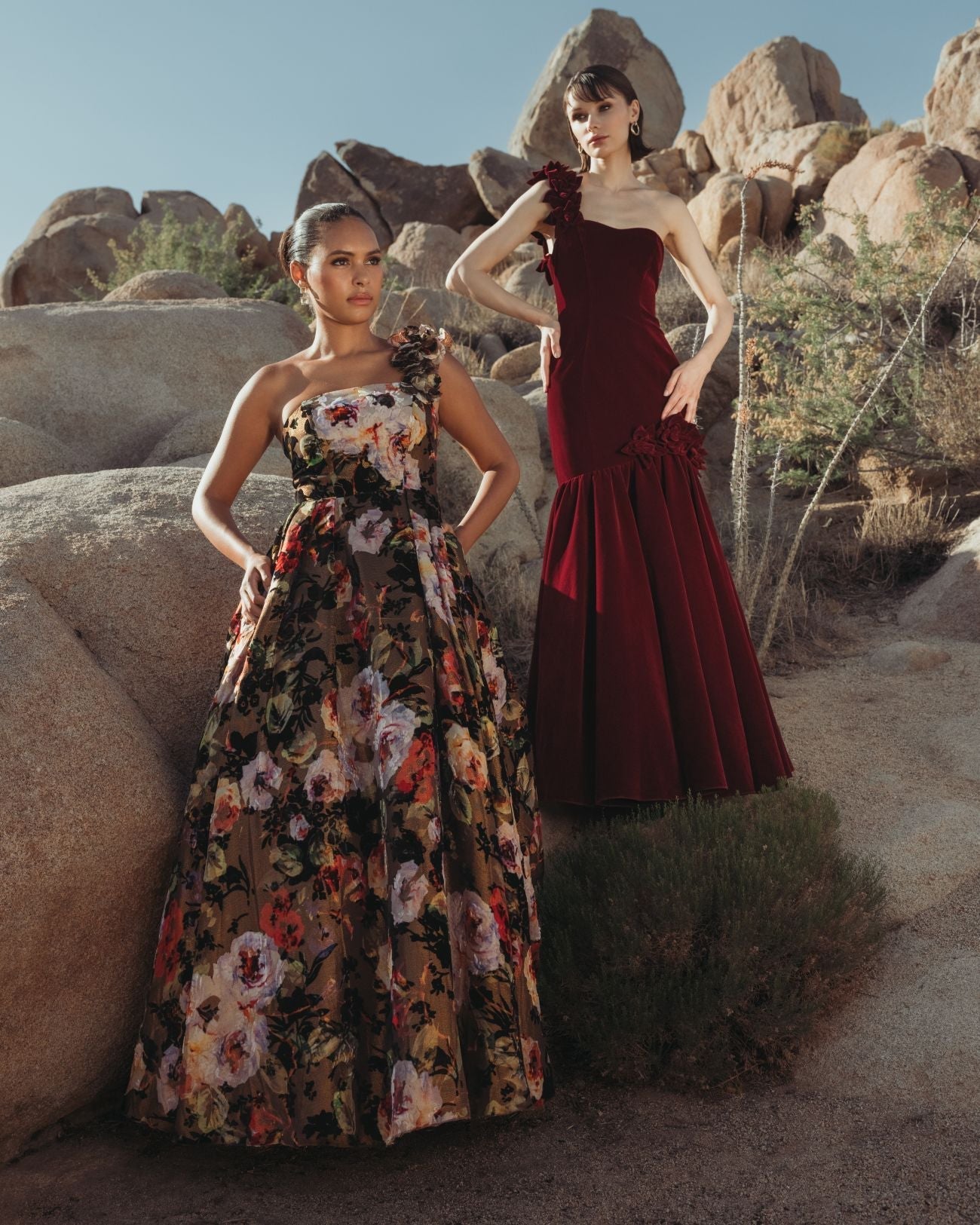 Multicolor One Shoulder Floral Velvet Ballgown