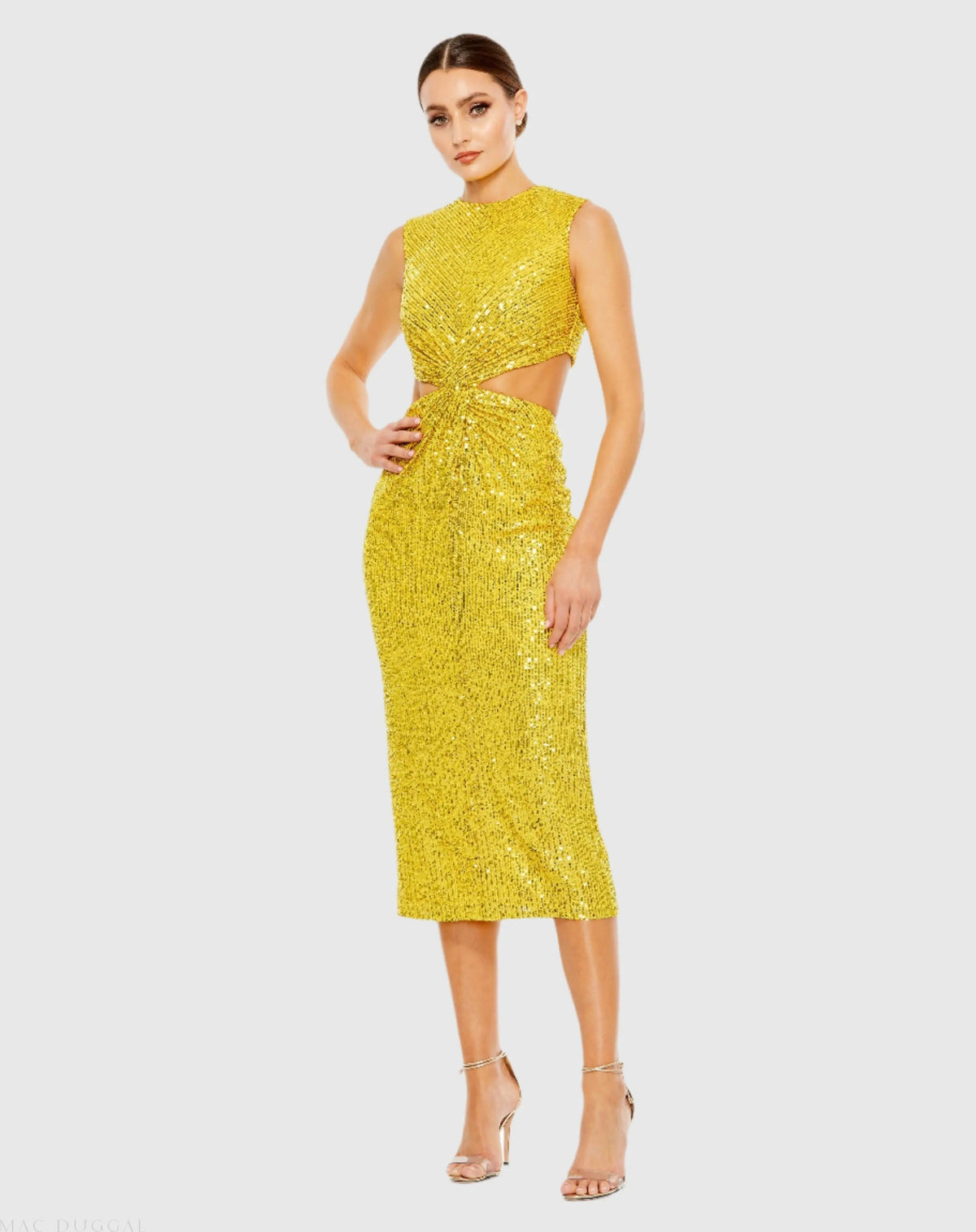 Yellow Sequin Front Twist Cut Out Sheath Dress - FINAL SALE