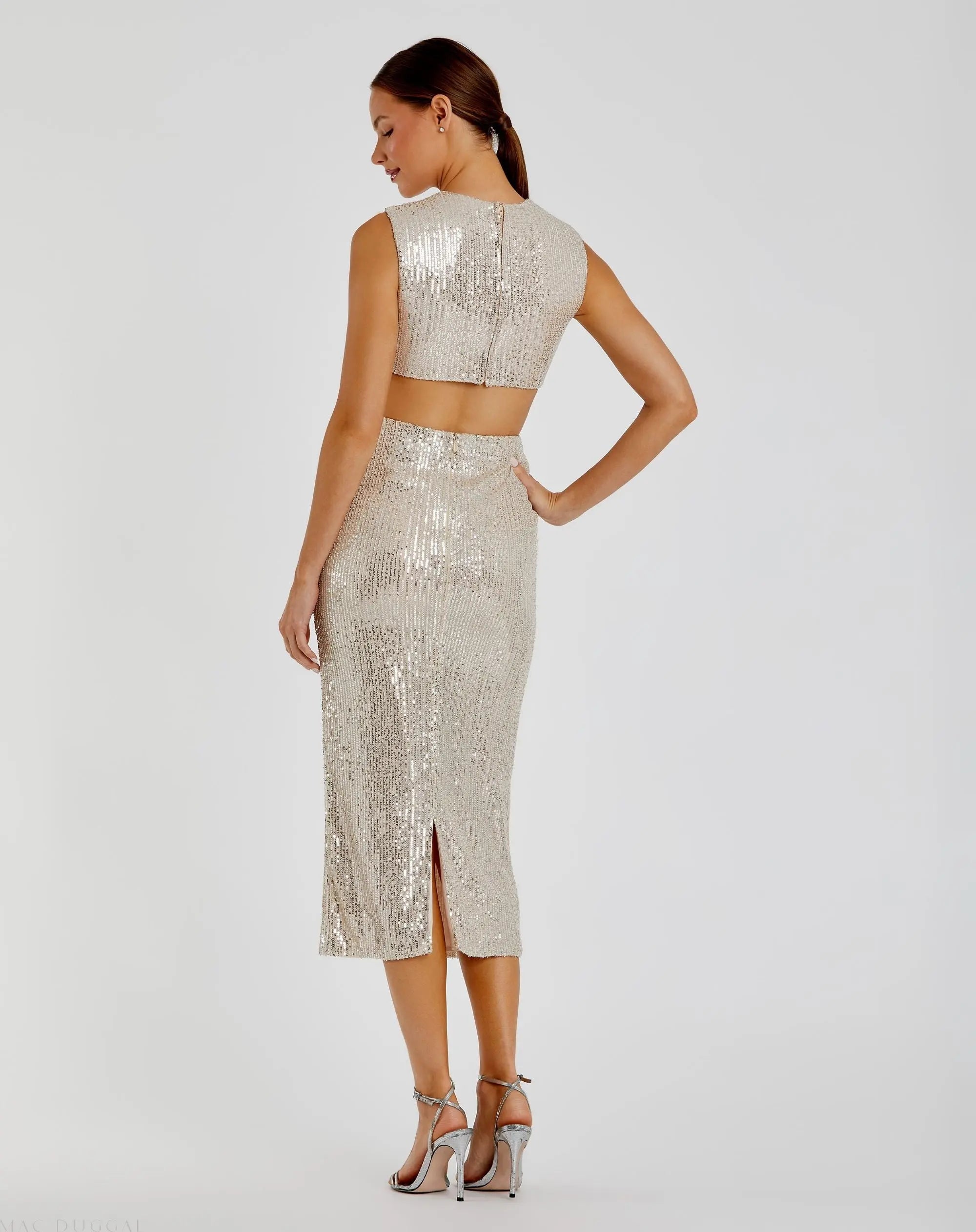 Silver Sequin Front Twist Cut Out Sheath Dress - FINAL SALE