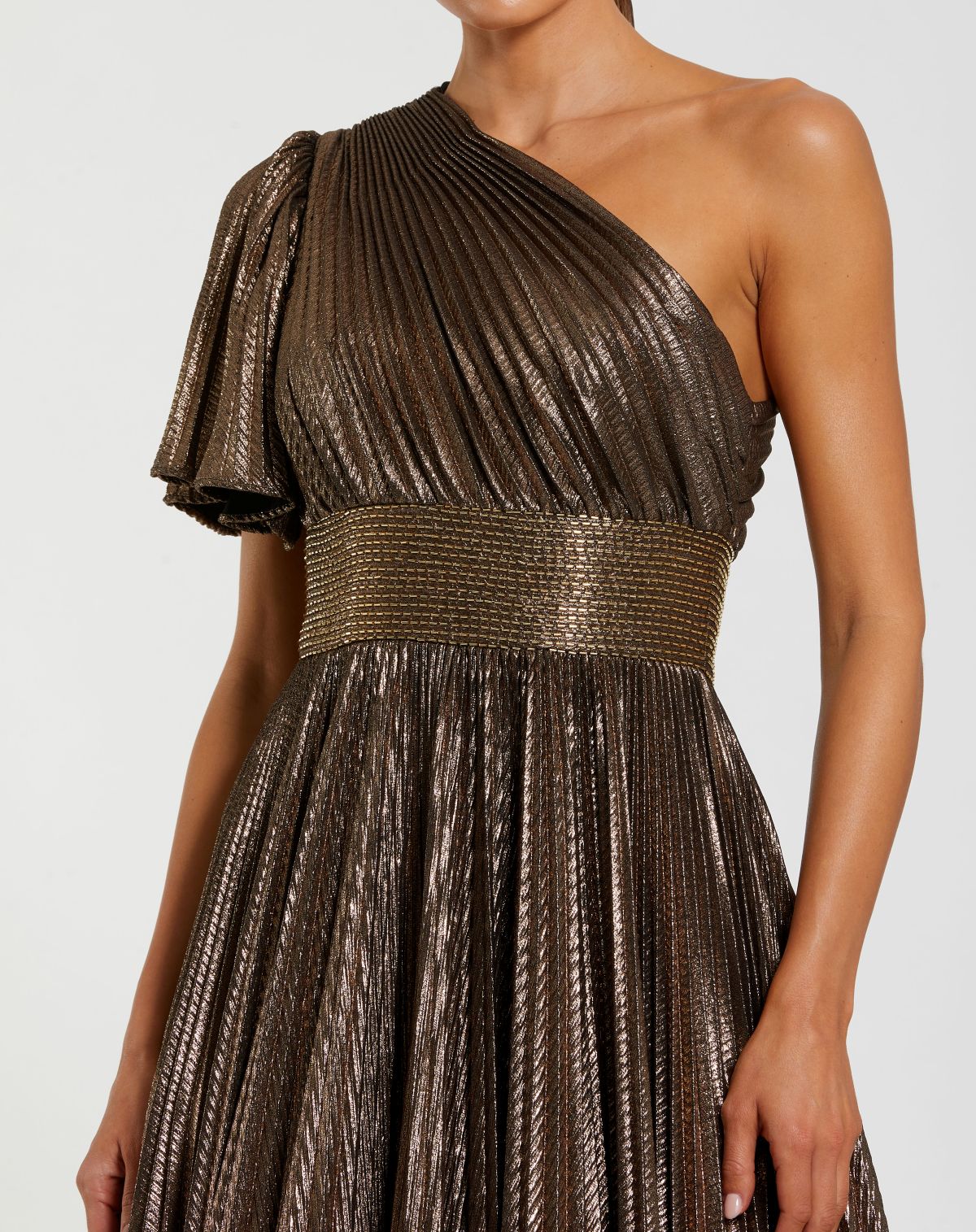 Brown One Shoulder Pleated Metallic Ball Gown