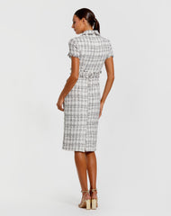 White Fitted Boucle  Short Sleeve Button Up Midi Dress