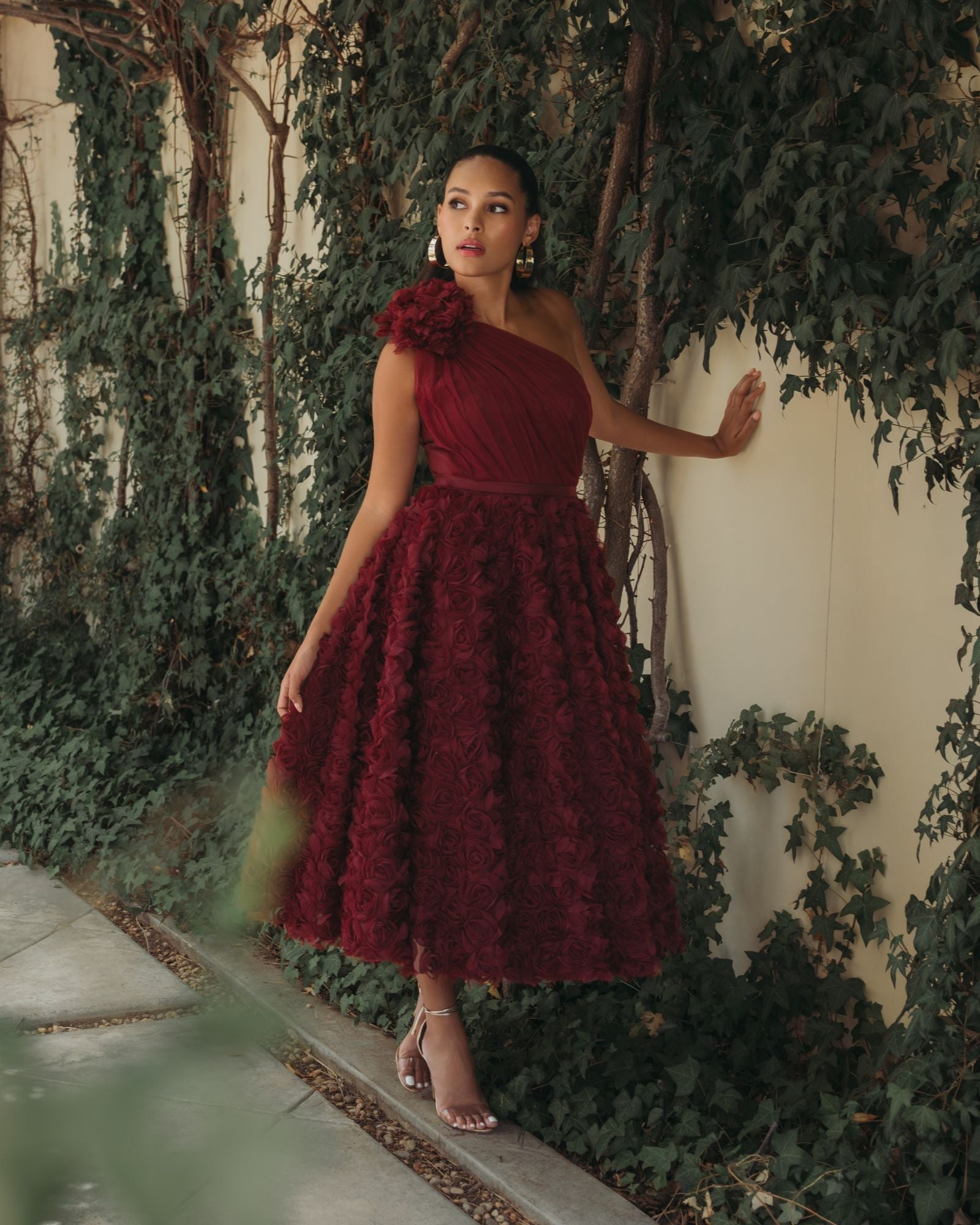 Red One Shoulder Rosette A Line Midi Dress with 3D Flower