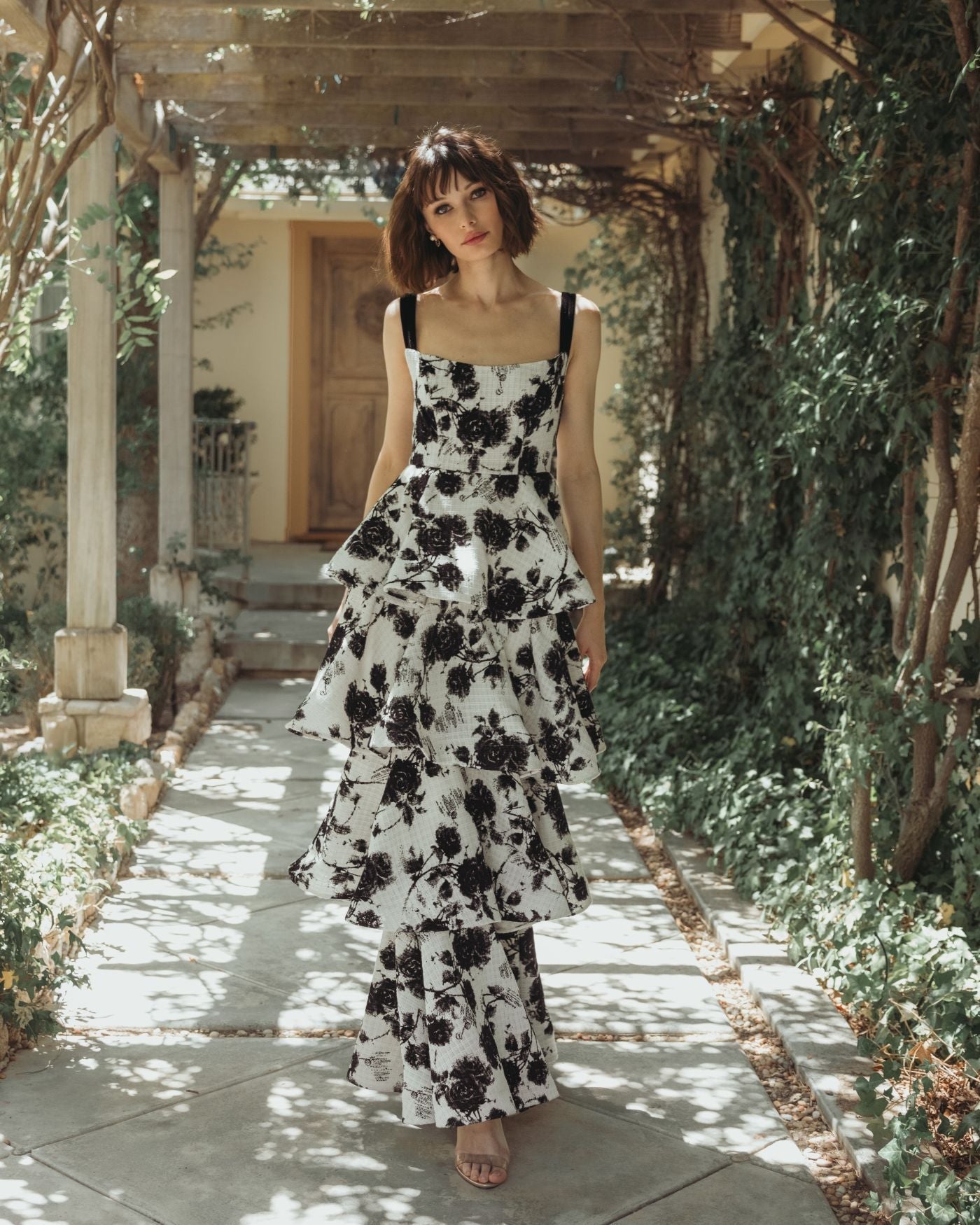 Black and White Floral Boucle Tiered Ruffle Gown