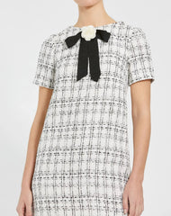 White Short Sleeve High Neck Boucle Mini Dress With Bow