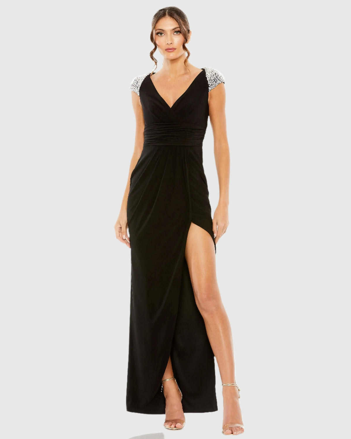 Black V Neck Embellished Cap Sleeve Faux Wrap Slit Gown