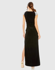 Black V Neck Embellished Cap Sleeve Faux Wrap Slit Gown