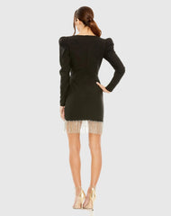 Black Faux Wrap Beaded Fringe Hem Mini Dress