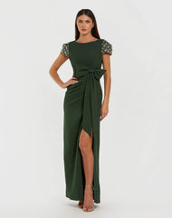 Dark Green Beaded Cap Sleeve Crepe Gown With Bow and Slit