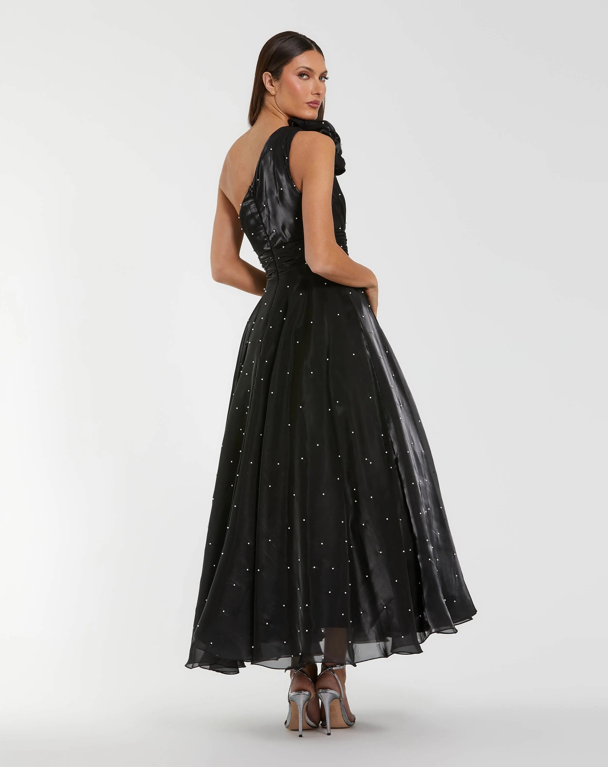 Black Pearl Embellished One Shoulder Organza Midi Dress