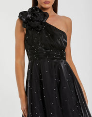 Black Pearl Embellished One Shoulder Organza Midi Dress