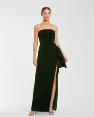 Green Strapless High Slit Draped Velvet Gown