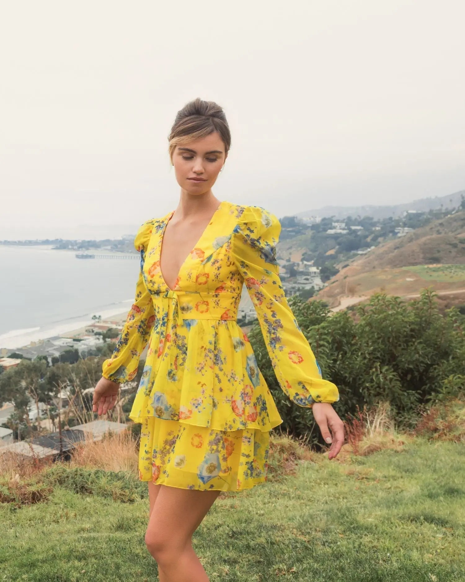 Yellow Floral Print Puff Sleeve Ruffled Mini Dress