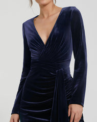 Dark Blue Ruched Velvet Column Evening Gown