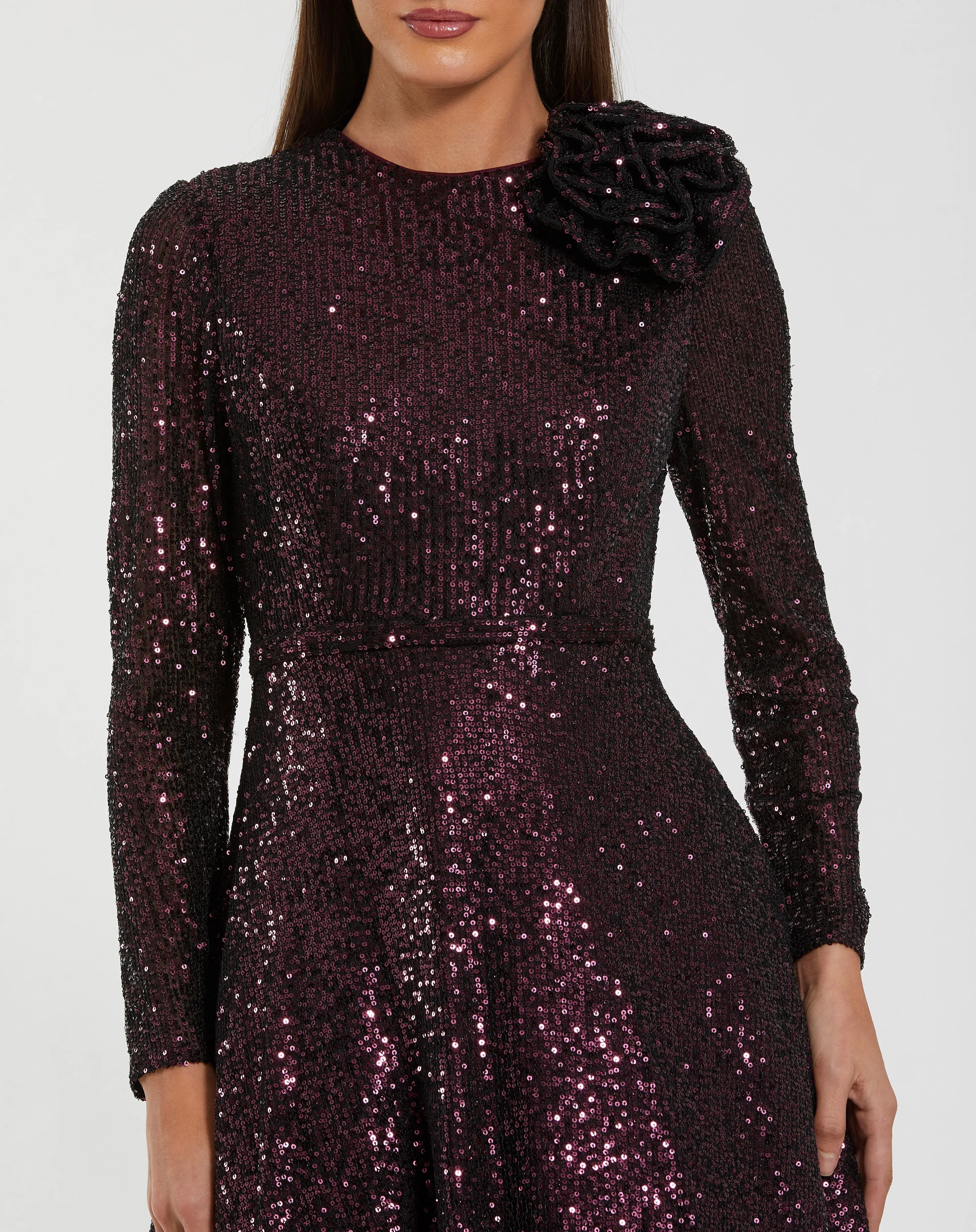 Dark Purple Long Sleeve Sequin Ball Gown With 3D Flower