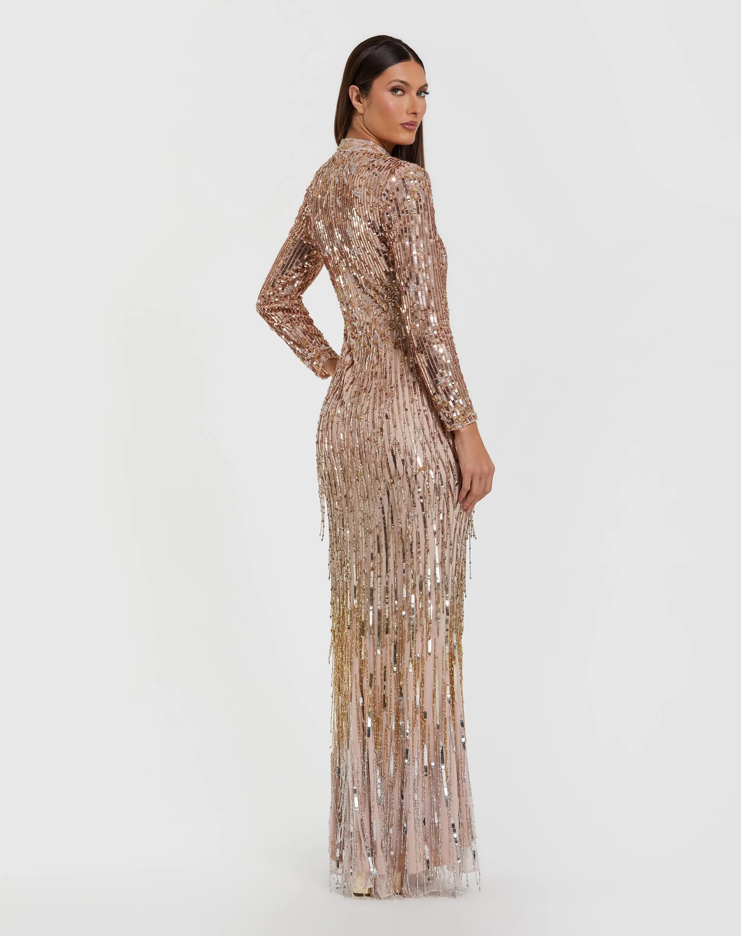 Pink Mock Neck Long Sleeve Fringe Embellished Column Gown