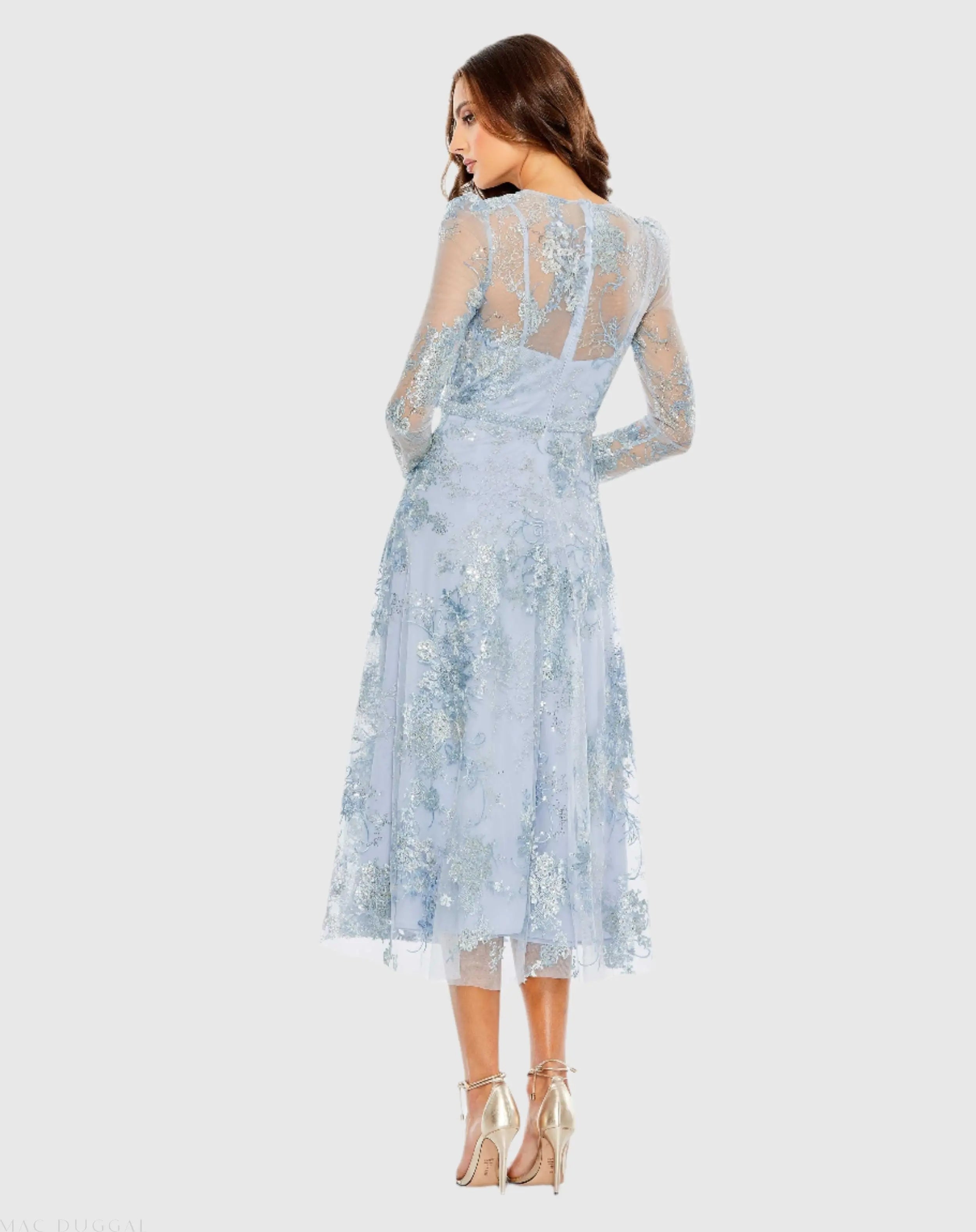 Blue Embellished Illusion Long Sleeve Midi Dress