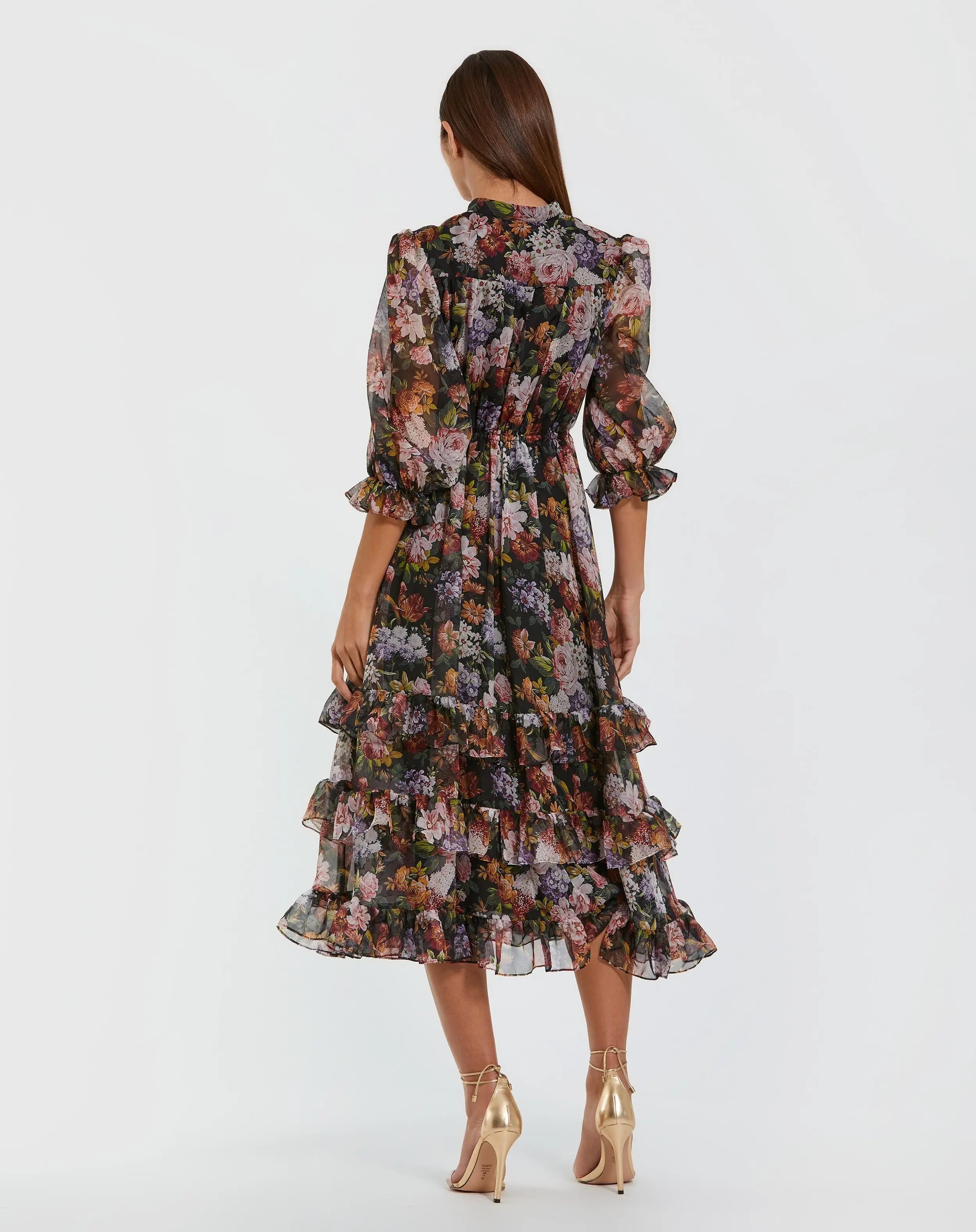 Black Floral Chiffon Ruffle Midi Dress with 3/4 Sleeves