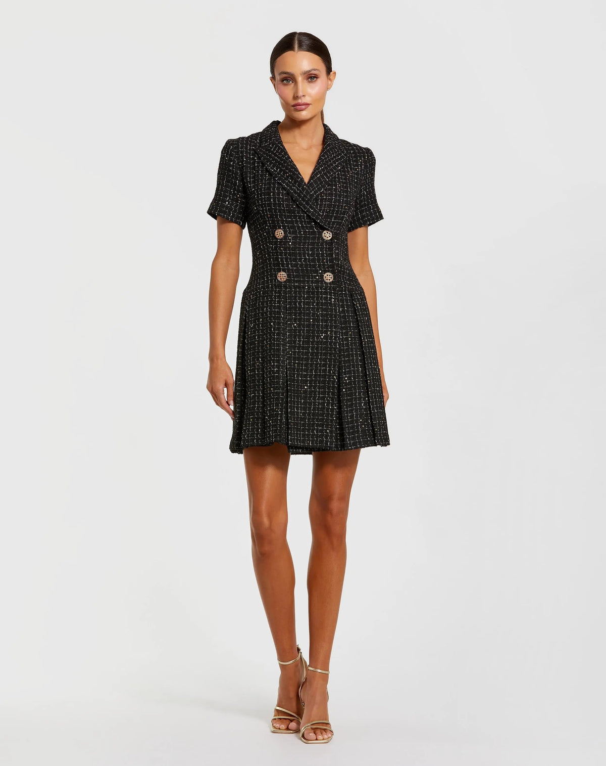 Black Short Sleeve V Neck Tweed Blazer Mini Dress