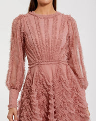 Pink Ruffle Lace Up Back Long Sleeve Mini Dress