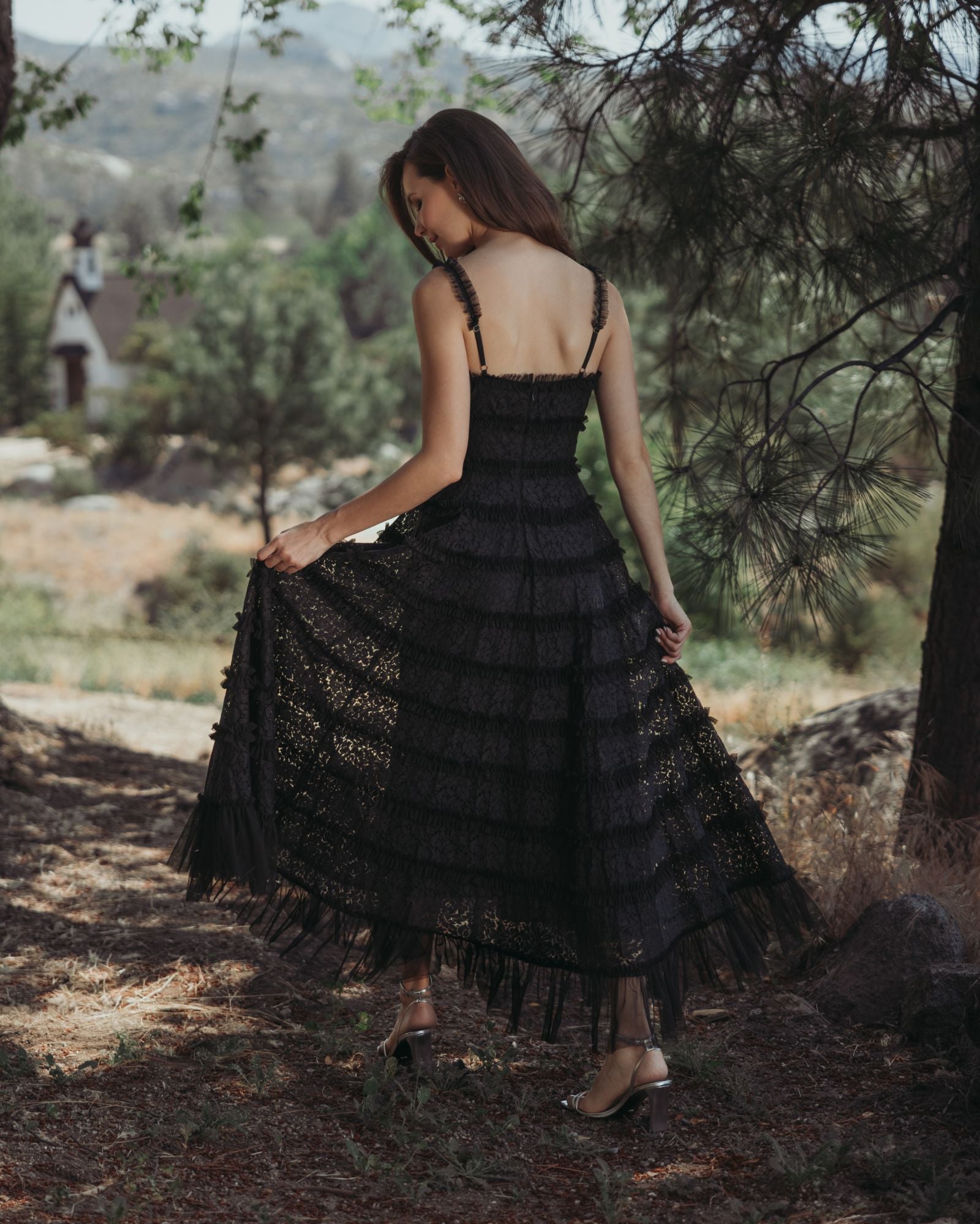 Black Sleeveless Lace A Line Midi Dress With Ruffles