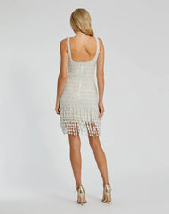 White Pearl Beaded Square Neck Mini Dress