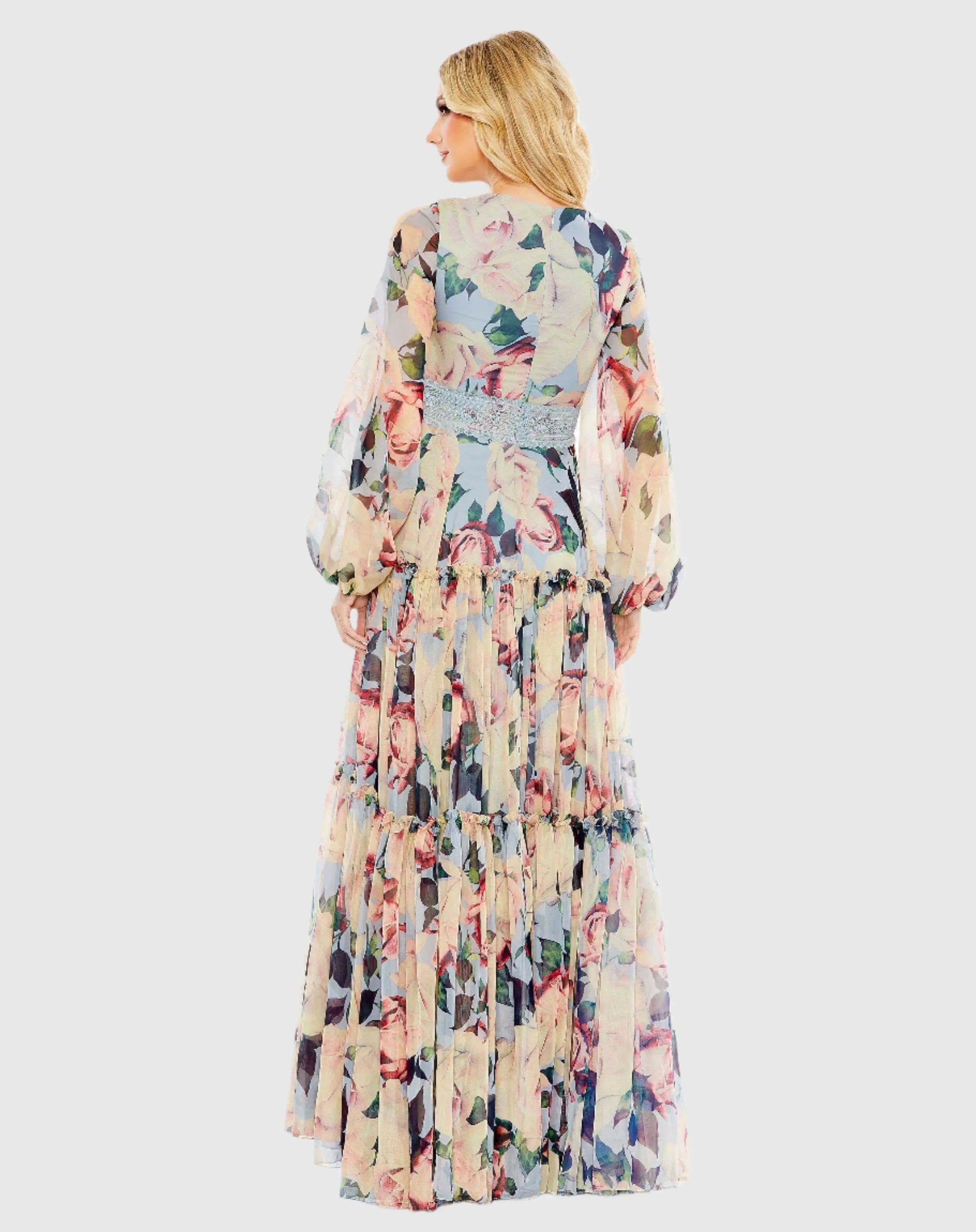 Multicolor Floral Puff Sleeve Dress With Embroidered Waist