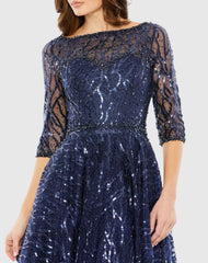 Navy Embellished 3/4 Sleeve A Line Dress