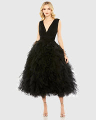 Black Tiered Sleeveless V-Neck Tulle Midi Ballgown