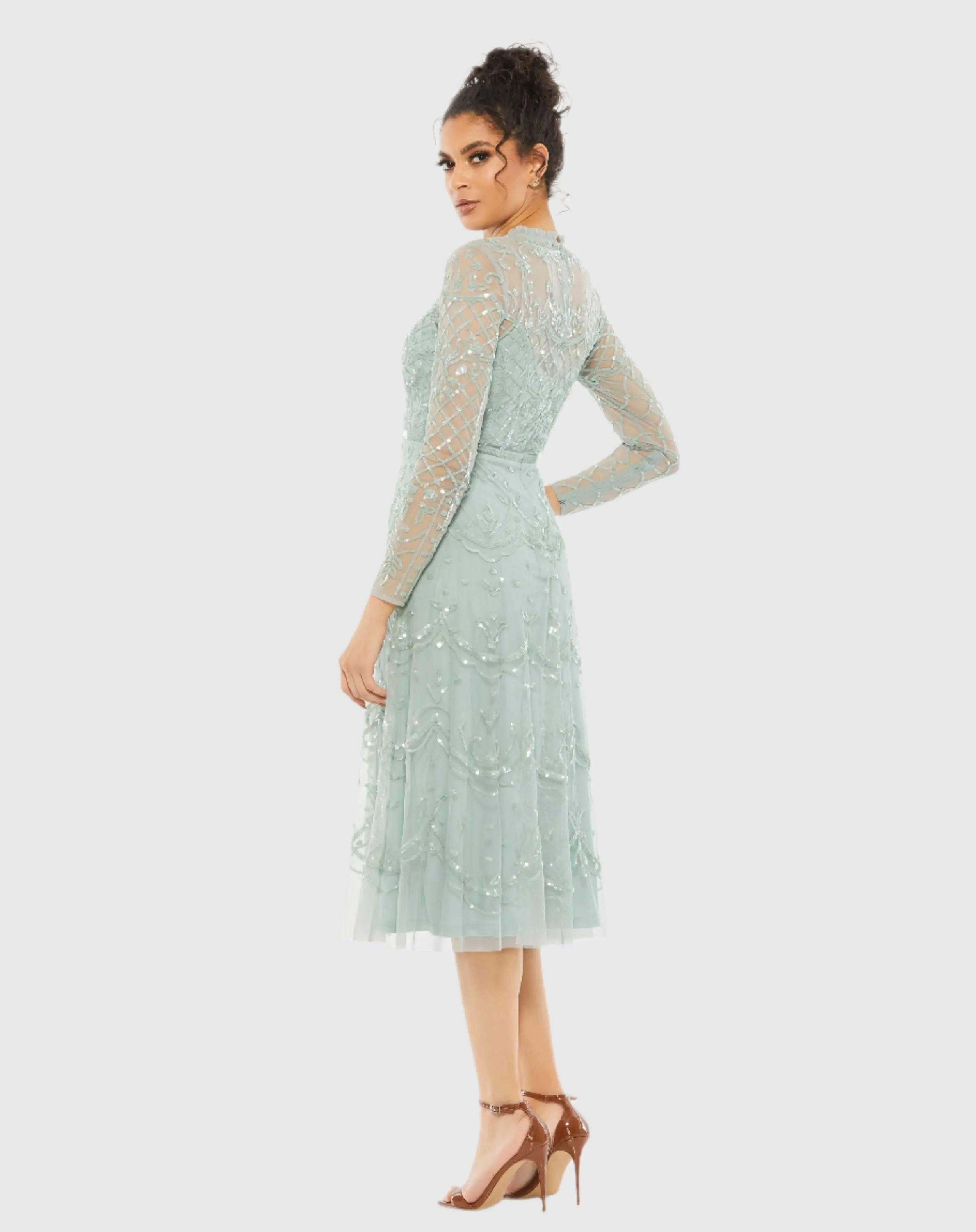 Blue Sequined Illusion High Neck Long Sleeve Midi Dress